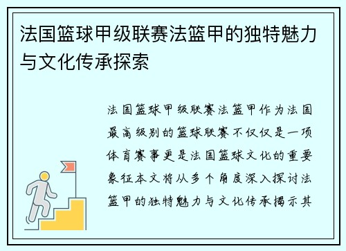 法国篮球甲级联赛法篮甲的独特魅力与文化传承探索
